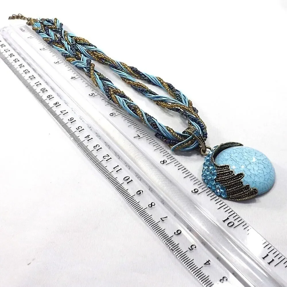 Blue Rhinestone Lucite Pendant Seed Bead Necklace, 19 Inches